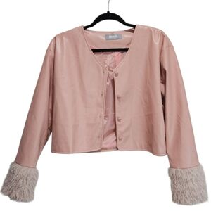 Blue B Pink Vegan Leather Jacket Plush Faux Fur Cuffs Womens Size Small